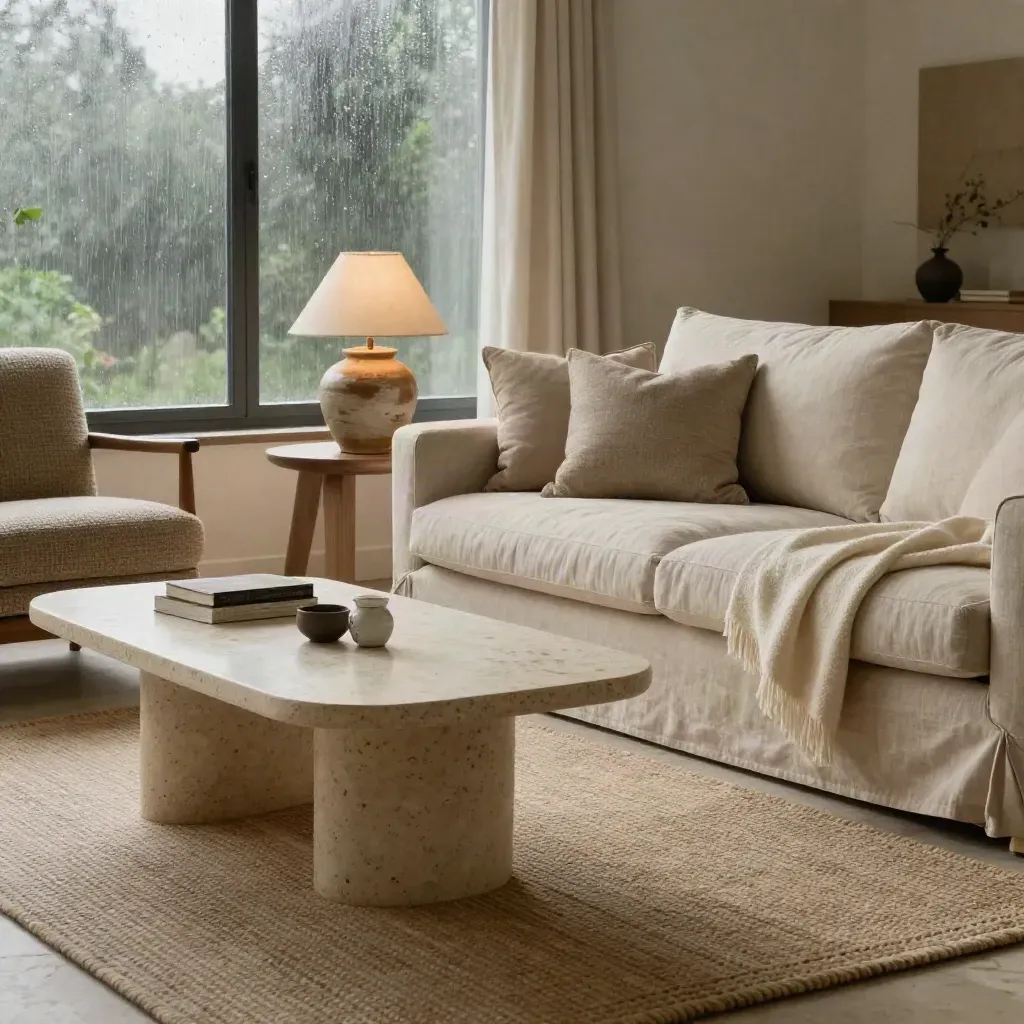 Cream-and-taupe living room with linen sofa, travertine table, boucle chair and warm rain light.
