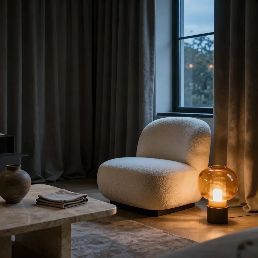 Charcoal-draped living room at blue hour with stone table, boucle chair, and amber lamp glow.