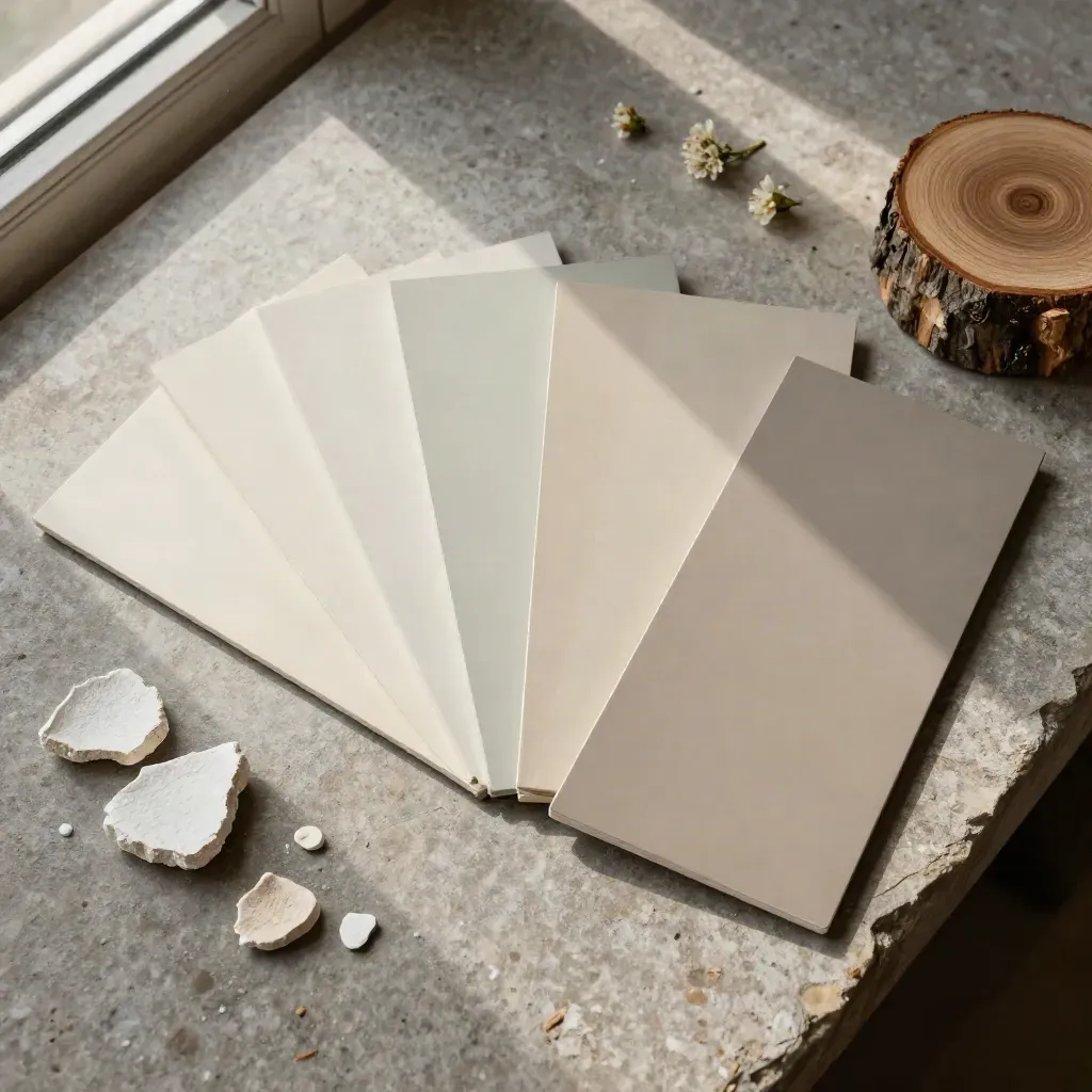 Top-down flat lay of sage, cream, and taupe paint samples beside plaster chips and oak