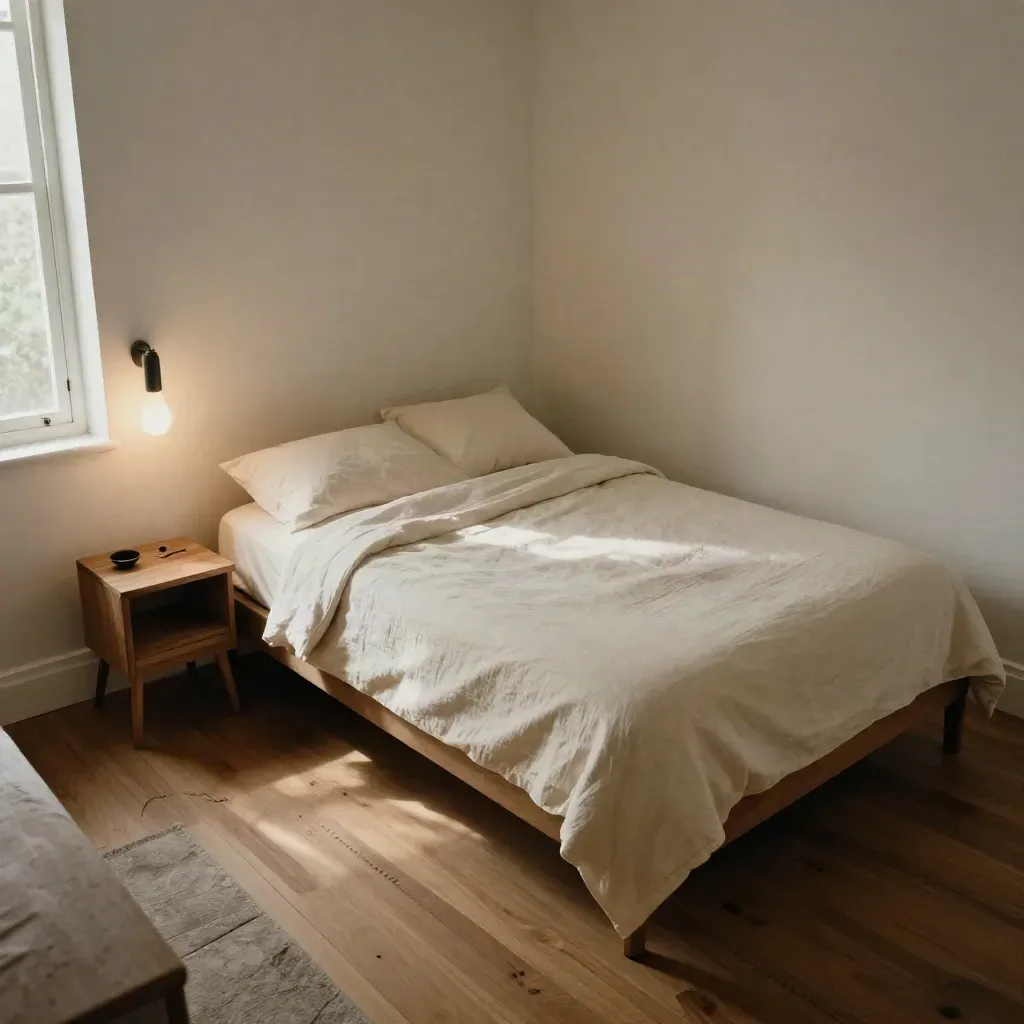 Bird’s-eye view of a compact bedroom with angled bed, narrow nightstand, wall sconce and clear walkways.