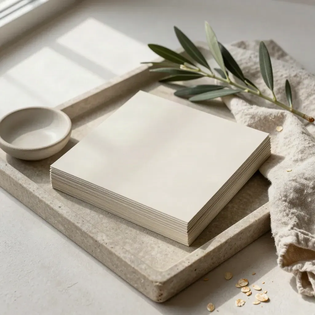 Top-down paint sample boards on a stone tray with linen, dish, and olive sprig.
