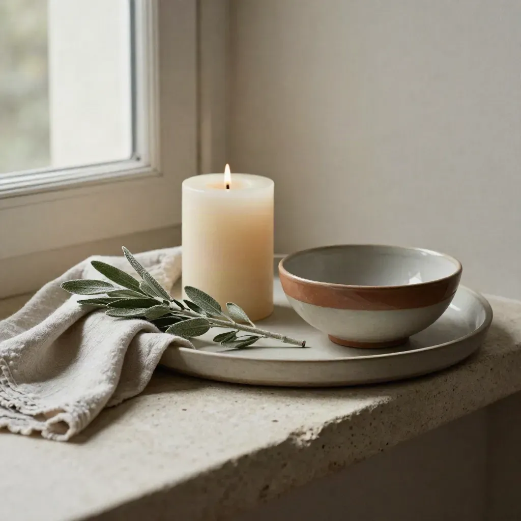 Candle, sprig, folded throw and ceramic bowl on a pale stone ledge in soft window light.