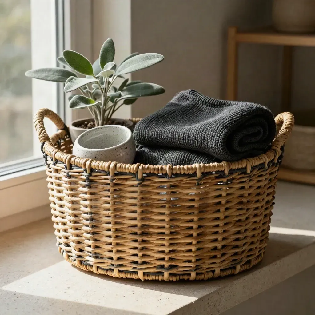 Woven storage basket with folded sweater, ceramic catchall, and small potted plant on stone.